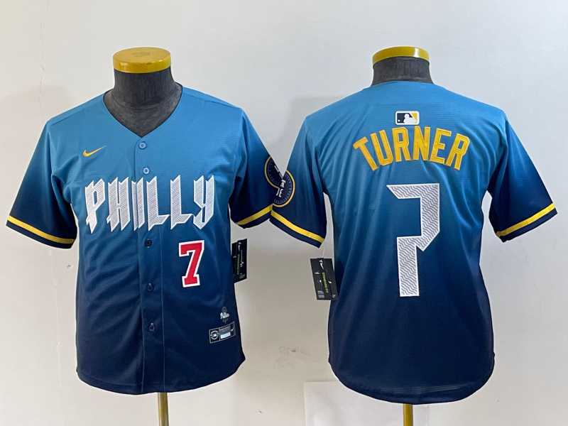 Youth Philadelphia Phillies #7 Trea Turner Number Blue 2024 City Connect Limited Stitched Jersey,We sell and wholesale Youth Philadelphia Phillies #7 Trea Turner Number Blue 2024 City Connect Limited Stitched Jersey on line form chian!